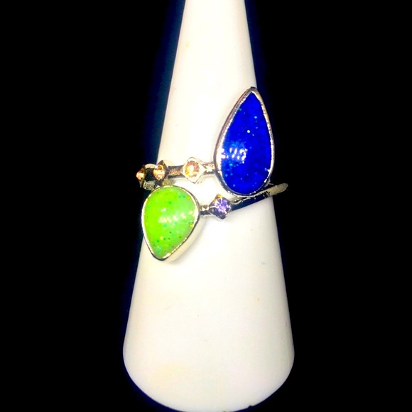 Lime Green & Blue Opal W/ Beautiful Lil Diamond Wrap-A-Ring - Picture 4 of 4